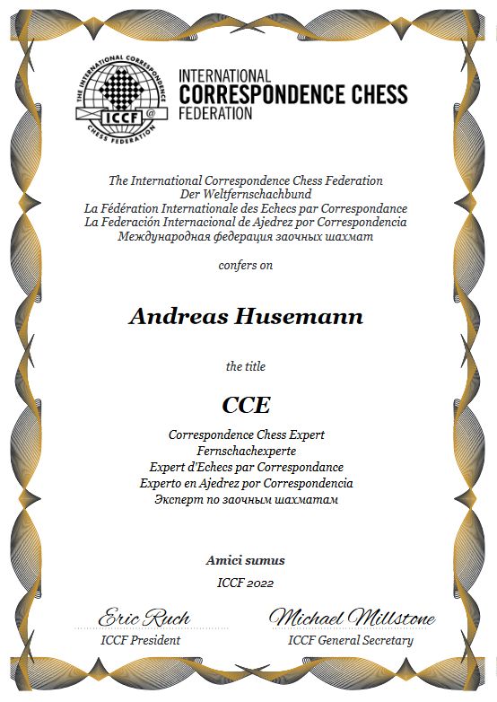 ICCF certificate Correspondence Chess Expert (CCE)