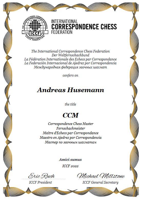 ICCF certificate Correspondence Chess Master (CCM)