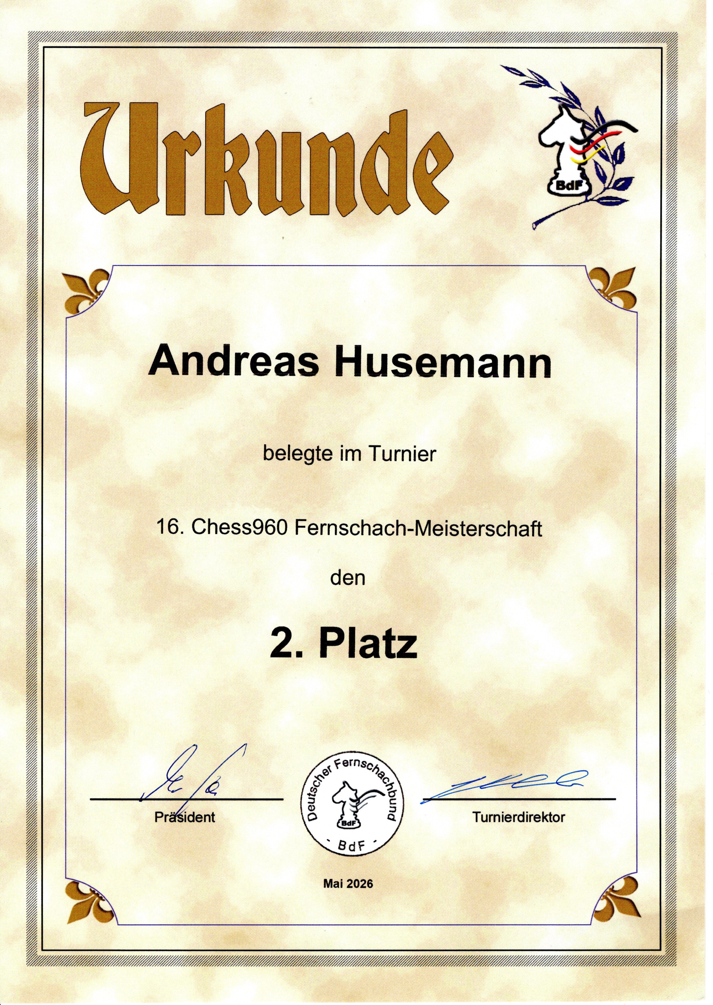 Urkunde Deutscher Vizemeister Chess960 2026
